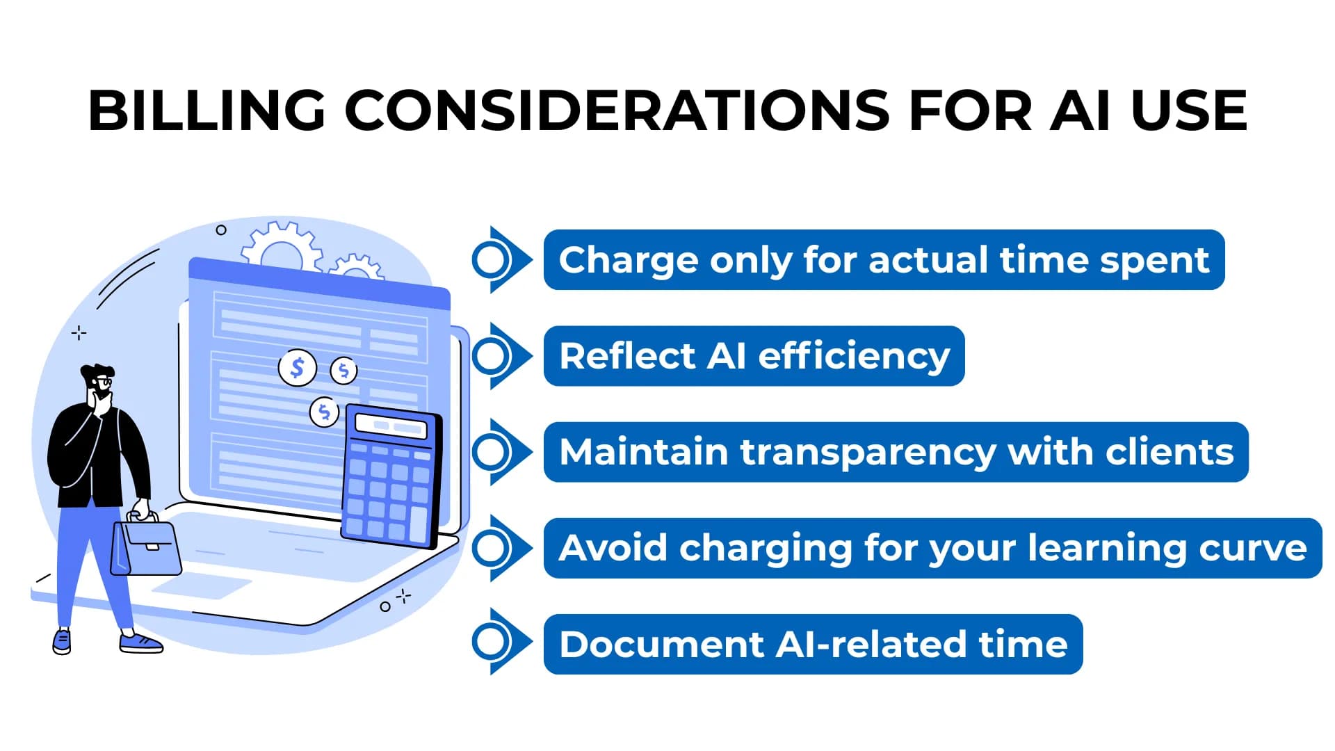 Lawyer stands near laptop and calculator graphic with billing tips like AI efficiency and client transparency.