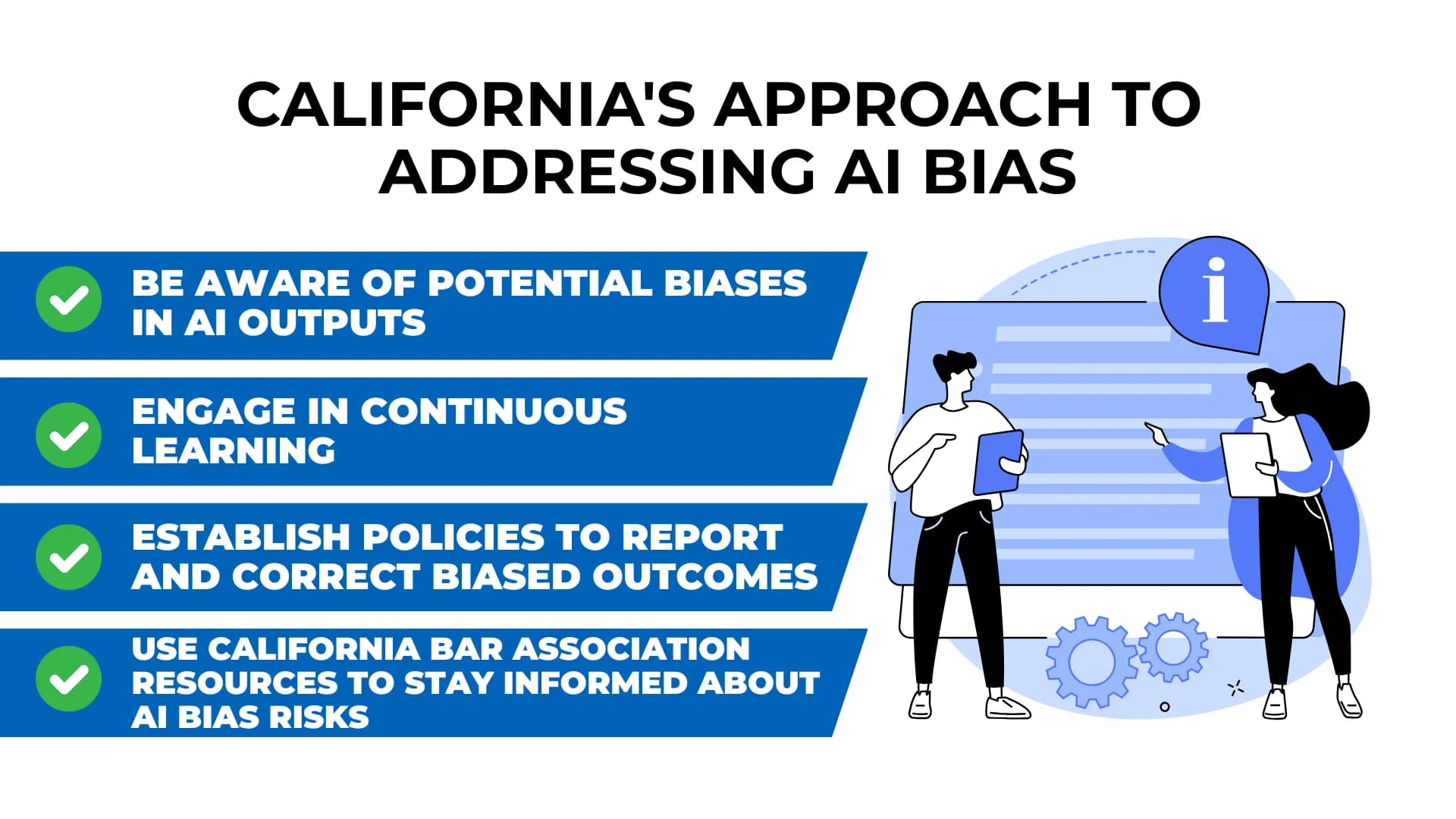 Four steps for managing AI bias in law, shown with checklist and legal-themed illustrations.