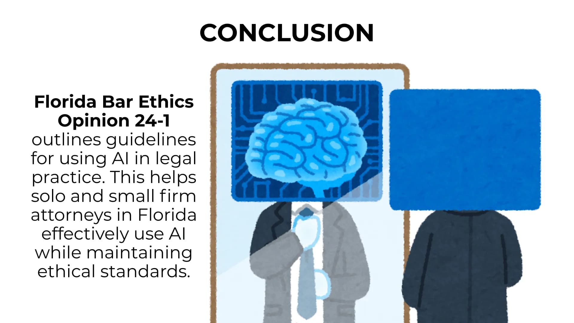 A robotic hand holds a justice scale and a summary of NYC's legal ethics position on AI.