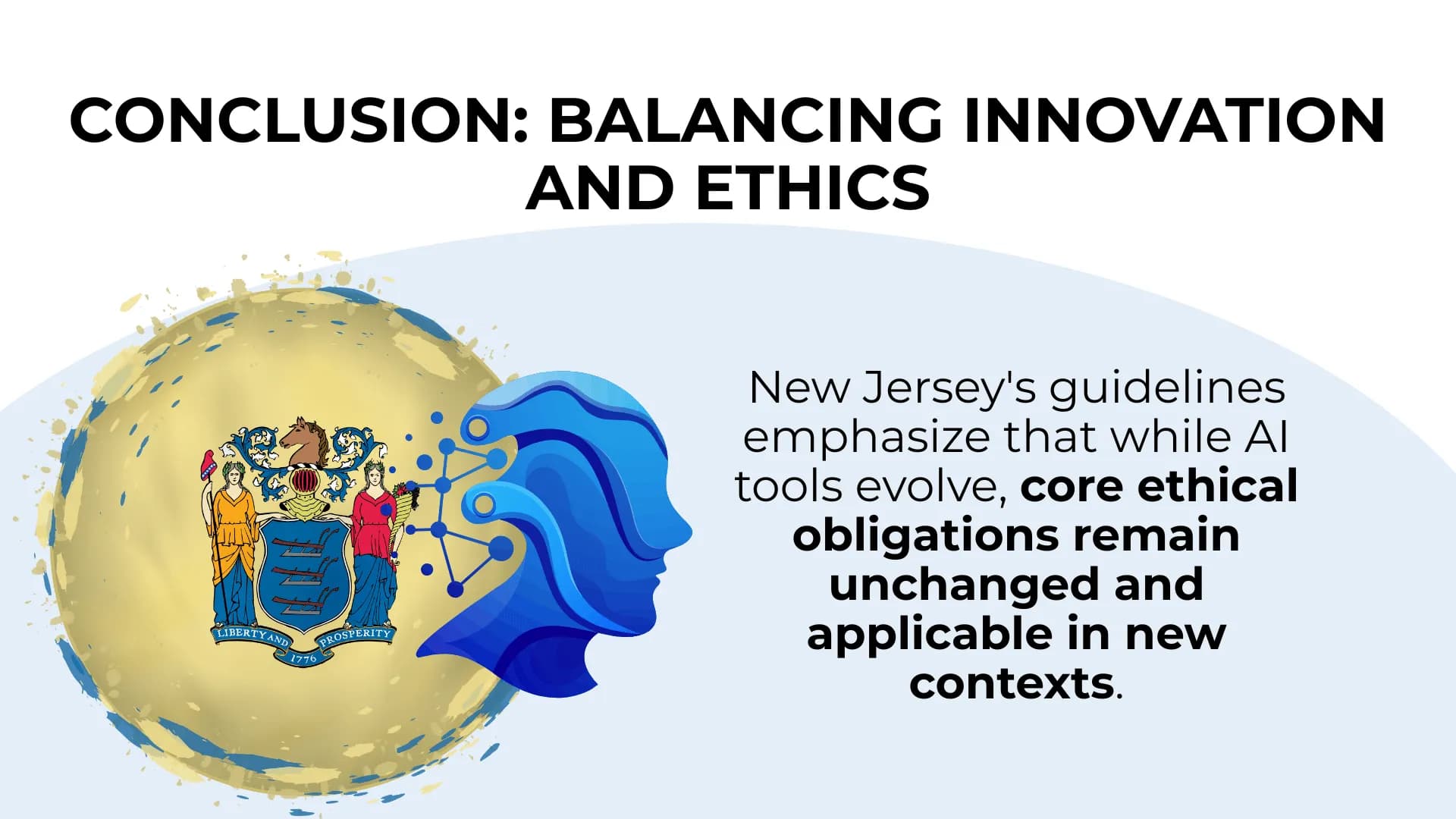 Gold New Jersey emblem and tech head illustration underline the message: ethics stay steady as AI advances.