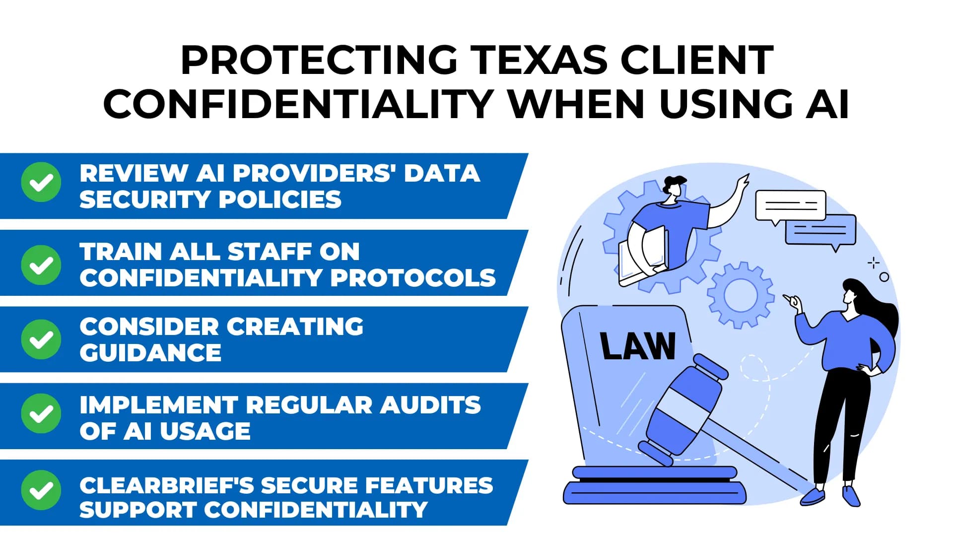 Cartoon-style legal team and tech gear highlight key steps for keeping client info safe with AI in Texas.