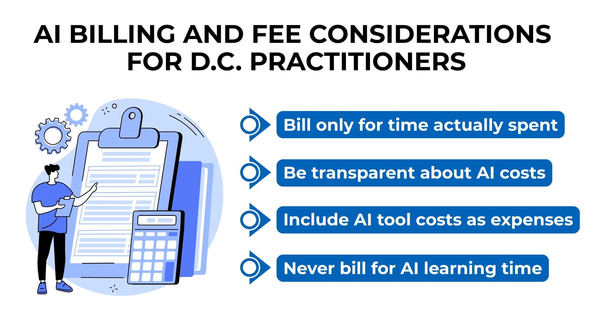 Billing guidelines for D.C. lawyers using AI shown with legal cartoon figure and fee transparency checklist.