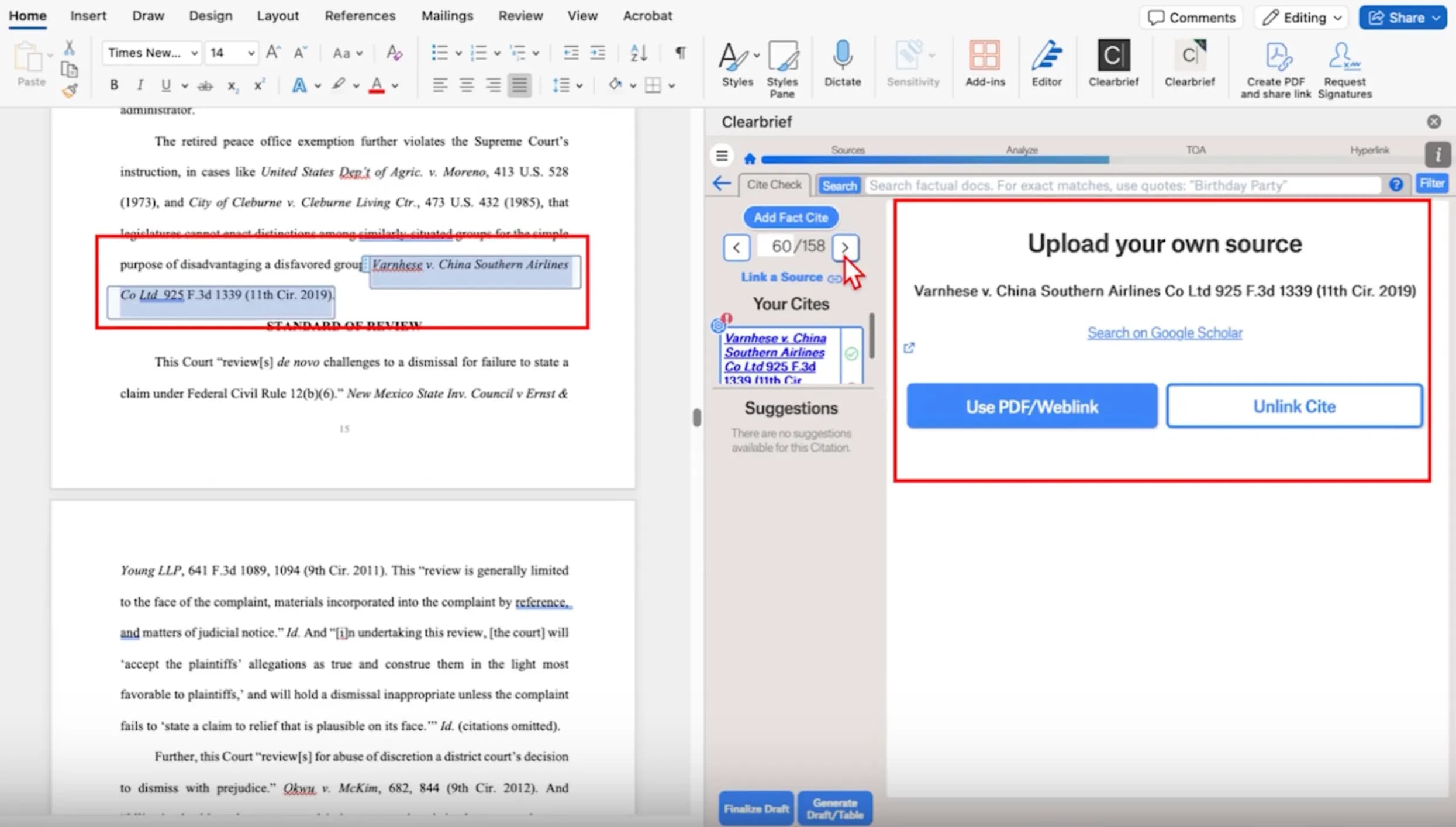Screenshot of Clearbrief in Microsoft Word, showing customers' ability to upload their own documents for citation.